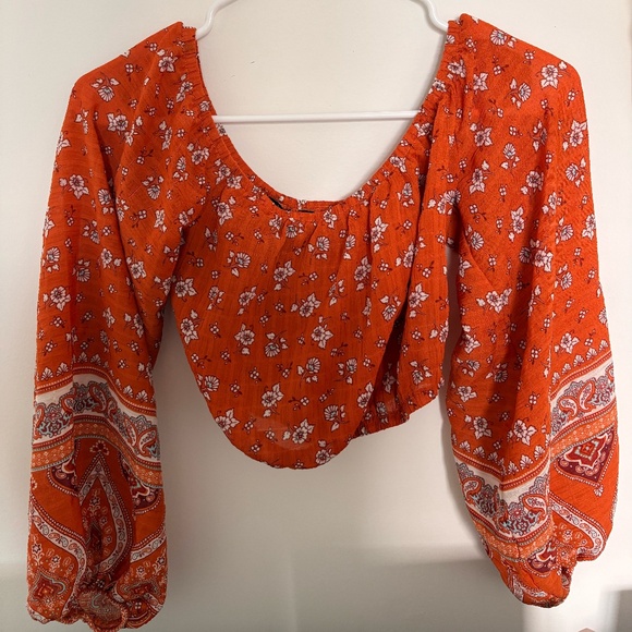 Burnt Orange Floral Off-the-Shoulder Long Sleeve Small Boho Blouse - Picture 1 of 3